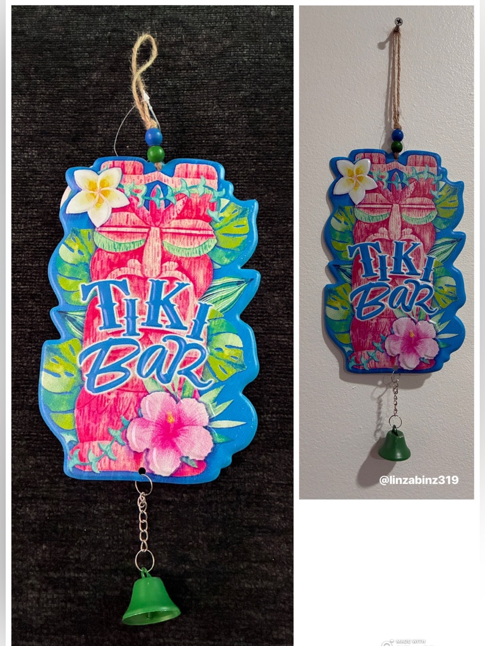 NWT- Metal Hanging Tiki Bar Sign with Ringing Bell & Beaded Hanger
